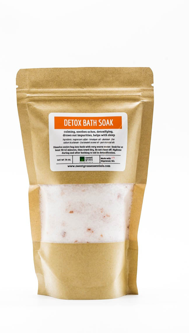 Detox bath soak package with a brown bag on a white background